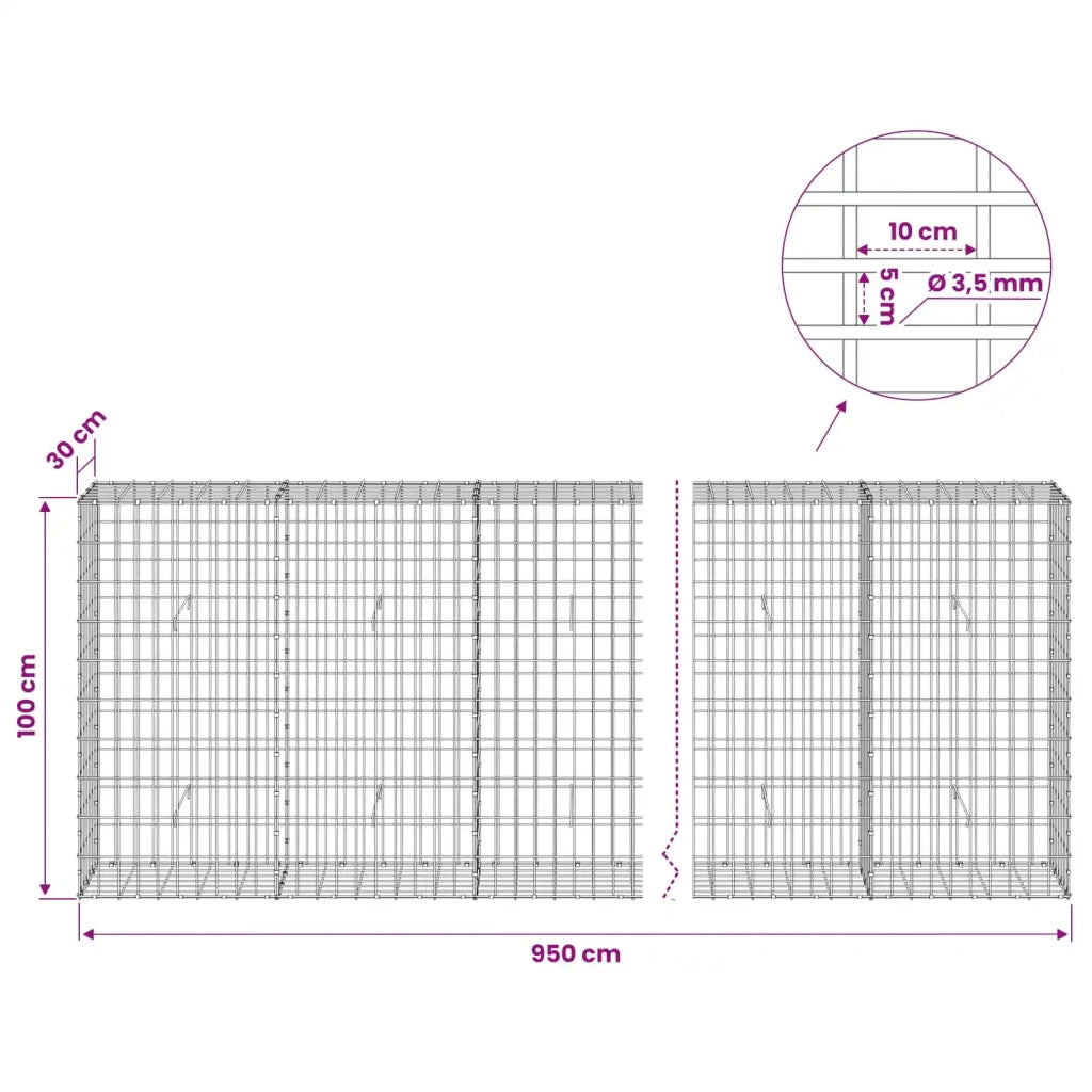 Gabione con Filo da 3,5 mm e Rete da 5x10 cm 950x30x100 cm 3462733