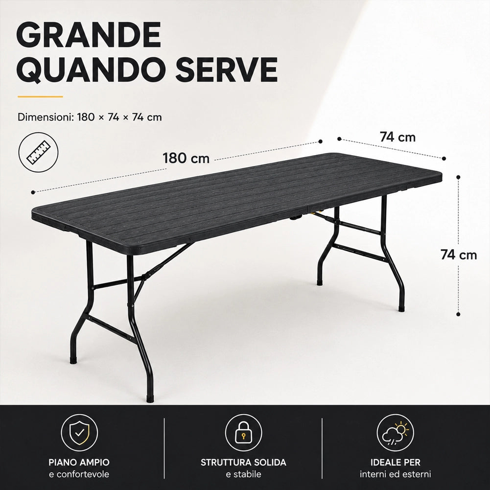 Tavolo Pieghevole Nero Effetto Legno Resistente Tavolino da Esterno 180x74x74cm