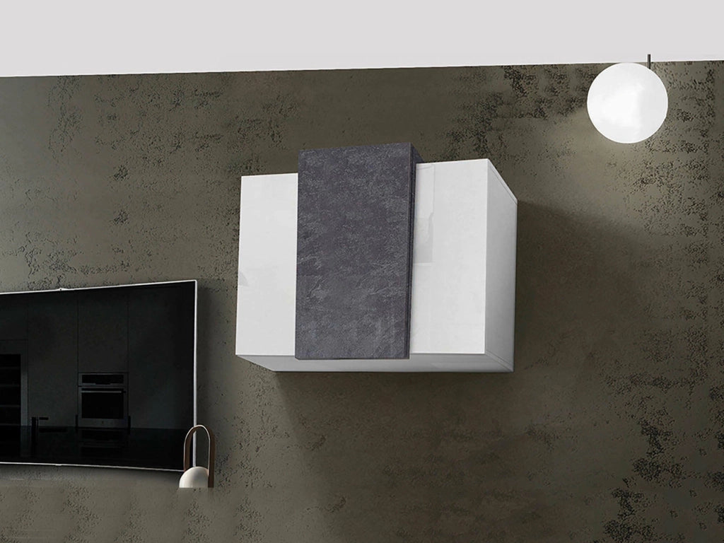 Pensile da Andras, Made in Italy, Mobile da soggiorno sospeso a 3 ante, cm 90x38h66, Bianco lucido e Grigio Cenere