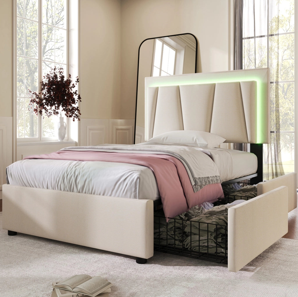 Letto singolo 90x200 cm beige con LED e 2 cassetti