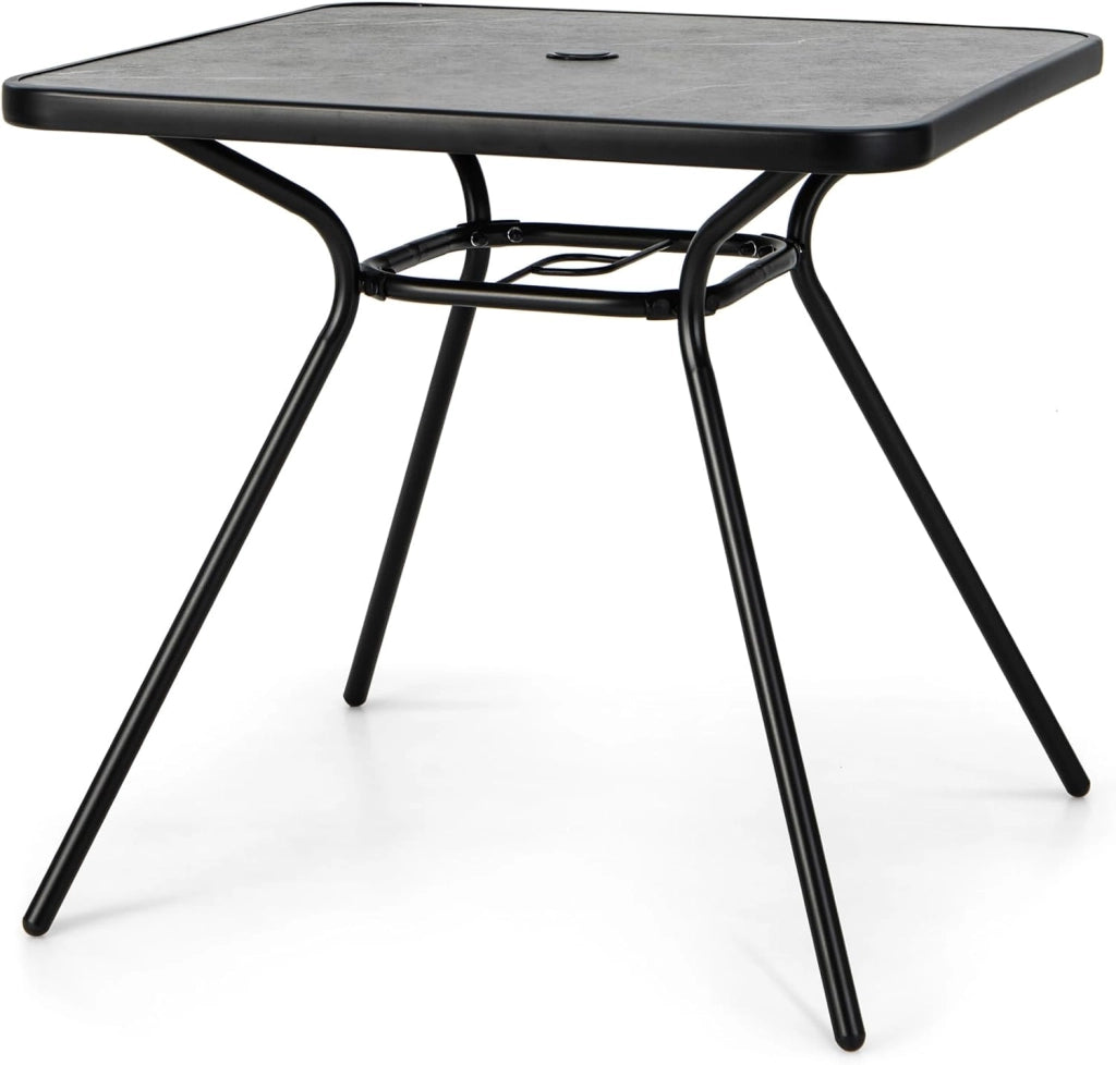 Tavolino con foro per ombrellone, tavolo da giardino 80 x 80 cm, per 4 persone, tavolo da balcone con piano in marmo artificiale, tavolo da bistrot fino a 100 kg, tavolo da pranzo per