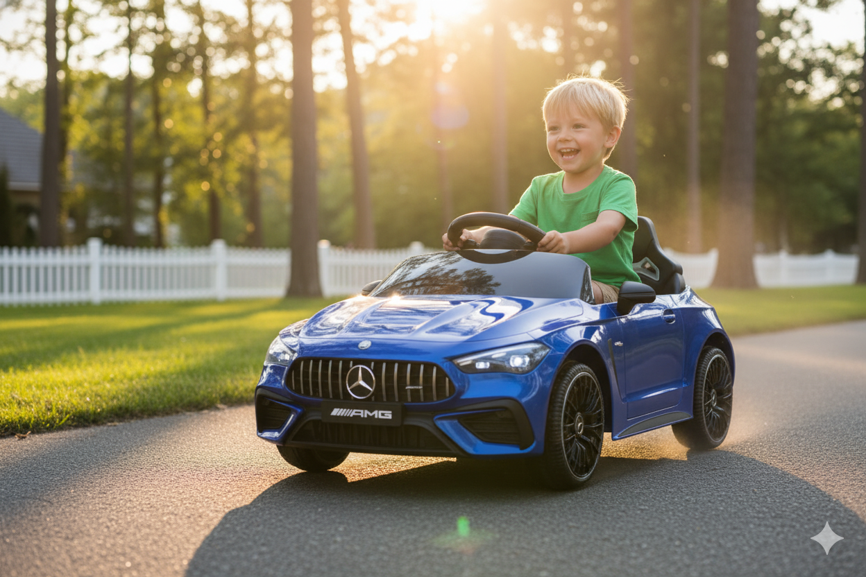 Macchina Elettrica per Bambini 12V Licenza Ufficiale Mercedes CLE53 Sedile in Pelle Blu