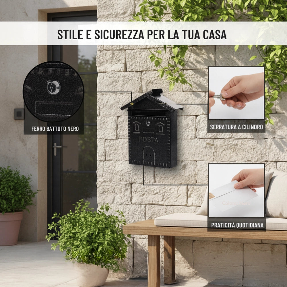 Cassetta postale rustica nera in ferro battuto 280x90xh.350 mm