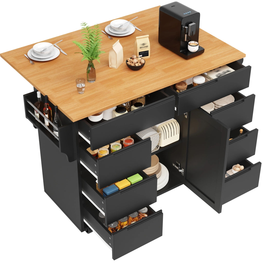 Isola da cucina 122x74.5x91.5 cm pieghevole; 8 cassetti; MDF nero