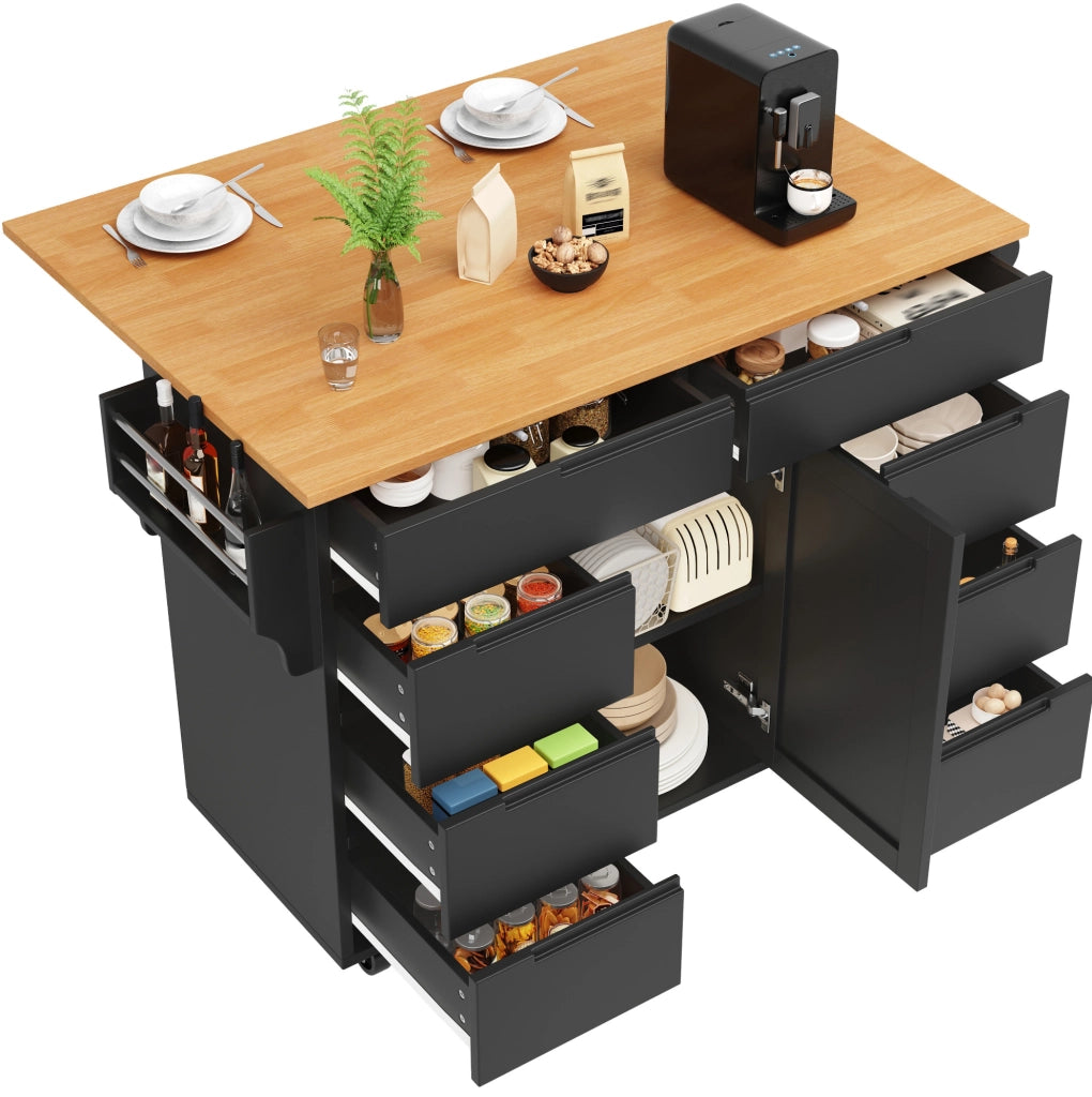 Isola da cucina 122x74.5x91.5 cm pieghevole; 8 cassetti; MDF nero