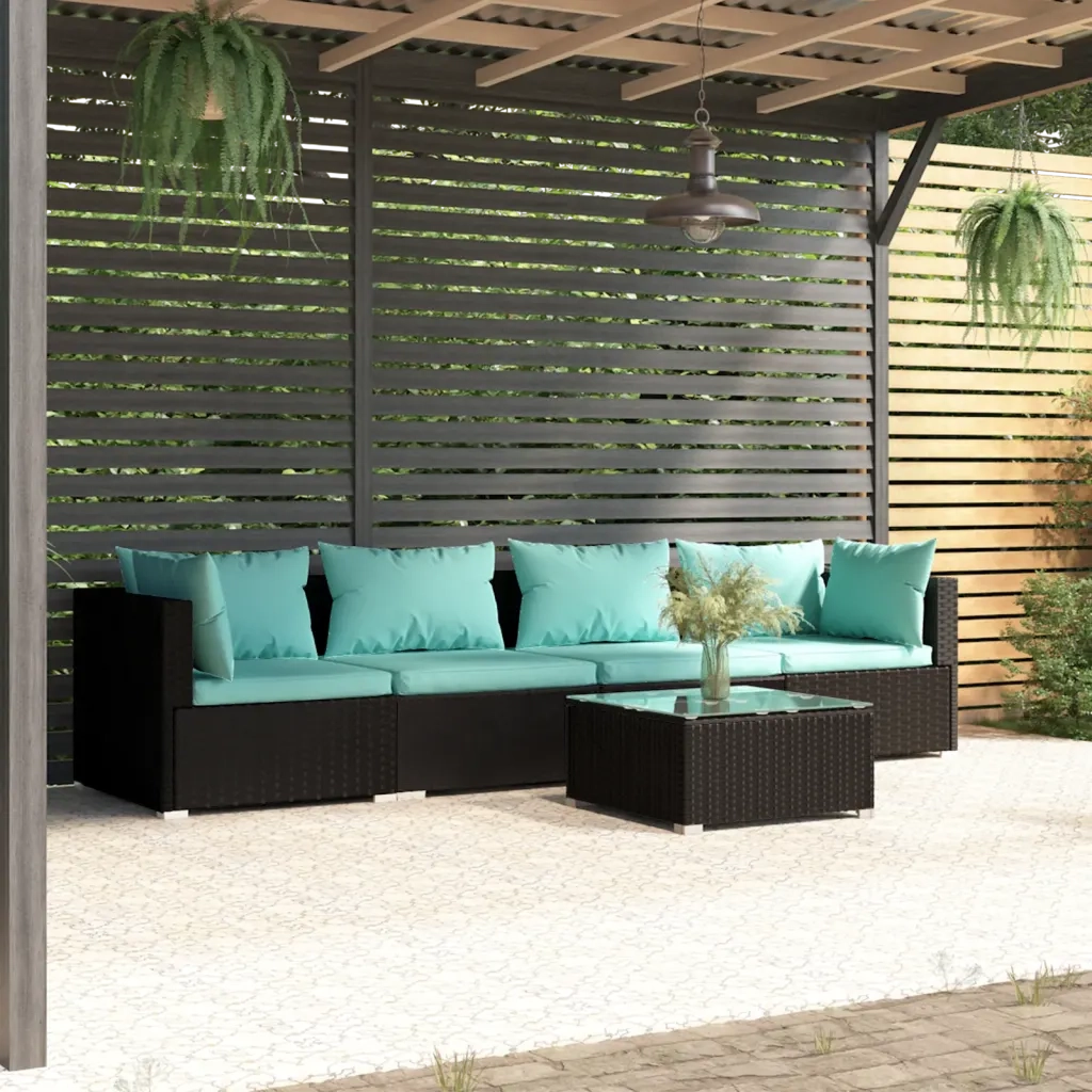 Set Divani da Giardino 5 pz con Cuscini in Polyrattan Nero cod mxl 35413