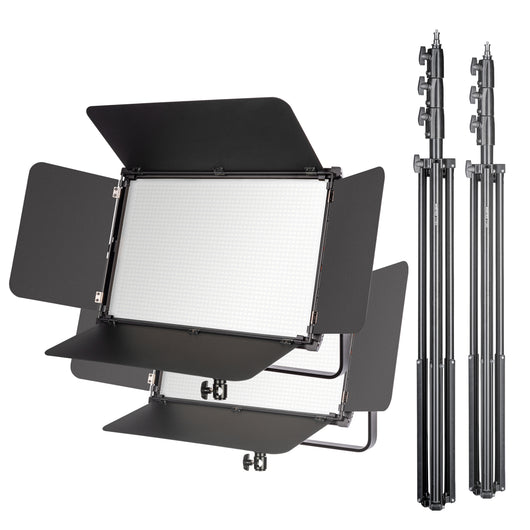 2x LED Niova 150-F Pro luce d'area incl. 2x treppiede per lampada, luce d'area da 150 W con bicolore, luminosità della luce da studio dimmerabile, luce video con radiocomando