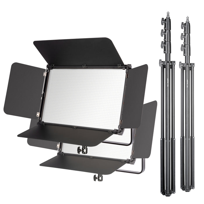 2x LED Niova 150-F Pro luce d'area incl. 2x treppiede per lampada, luce d'area da 150 W con bicolore, luminosità della luce da studio dimmerabile, luce video con radiocomando
