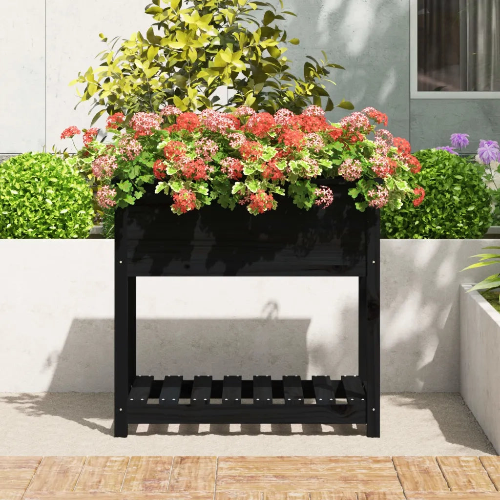 Fioriera con Mensola-Vaso con Ripiano-Contenitore per Piante Nera 82,5x54x81 cm Legno Massello di Pino