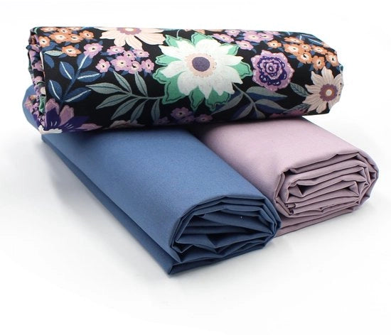 Set di stoffa in cotone 1,5m design + 2x selezione di tessuto a colori coordinati 100% cotone (Flower Black Set29)