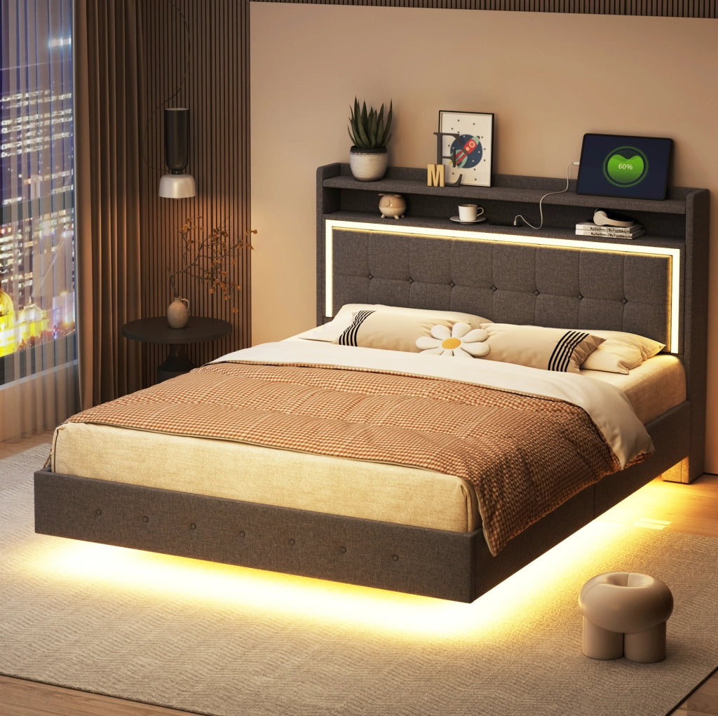 Letto imbottito 140x200 cm grigio con USB, LED e rete a doghe