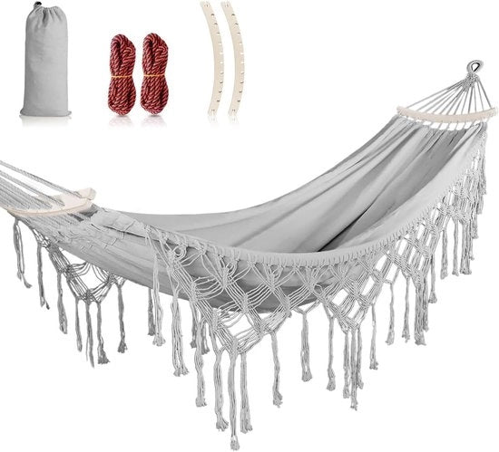 Hangmat con spazzole/frange, manubrio in legno curvo, cinghie di fissaggio e sacchetto per trasporto per outdoor, balcone, terrazzo, giardino