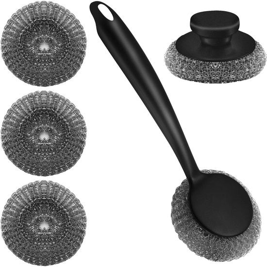 Strumento per la pulizia con maniglia - Palla di cotone metallico - Maniglia comoda - Reutilizzabile - Pulizia efficiente - Pulitore