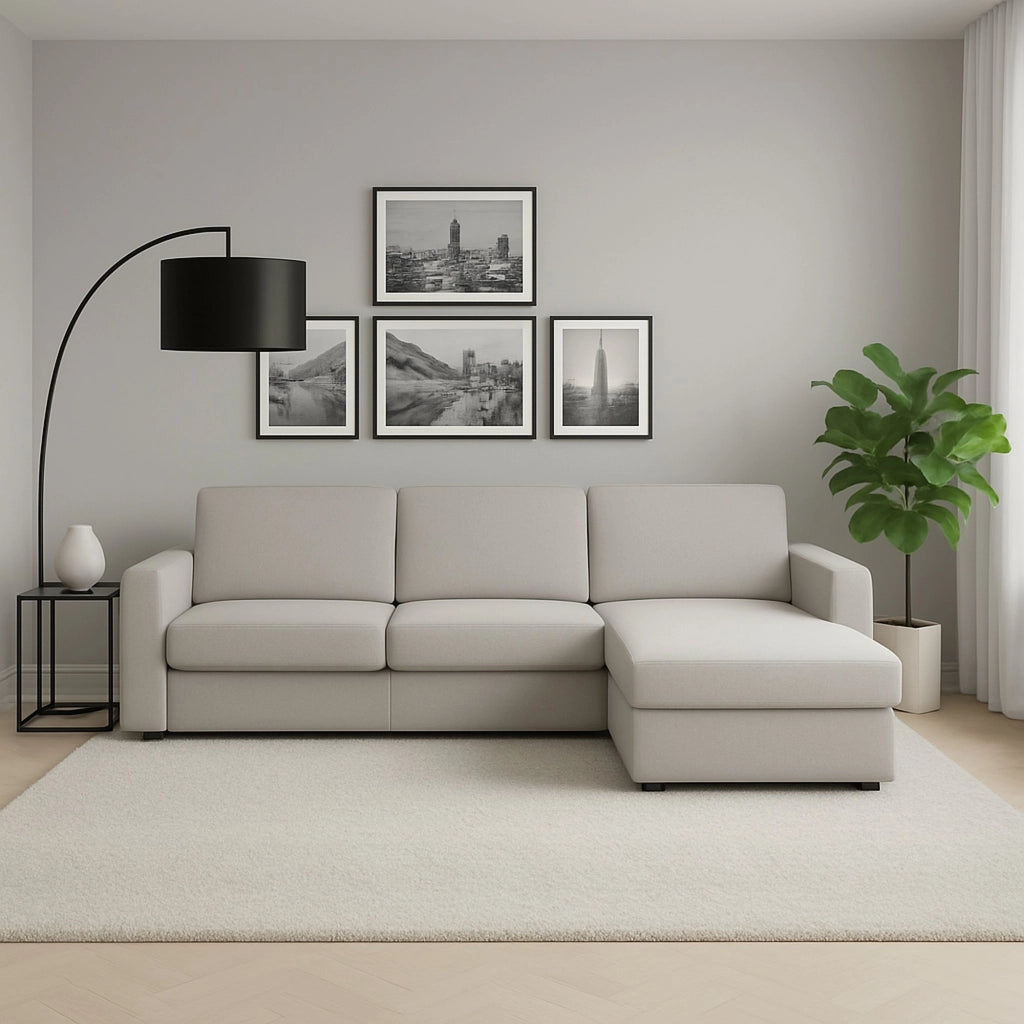 Divano fisso Atos, Divano ad angolo, Made in Italy, SofÒ  Soggiorno, con Penisola contenitore reversibile, in tessuto imbottito, con Braccioli standard, cm 280x95h90, Grigio
