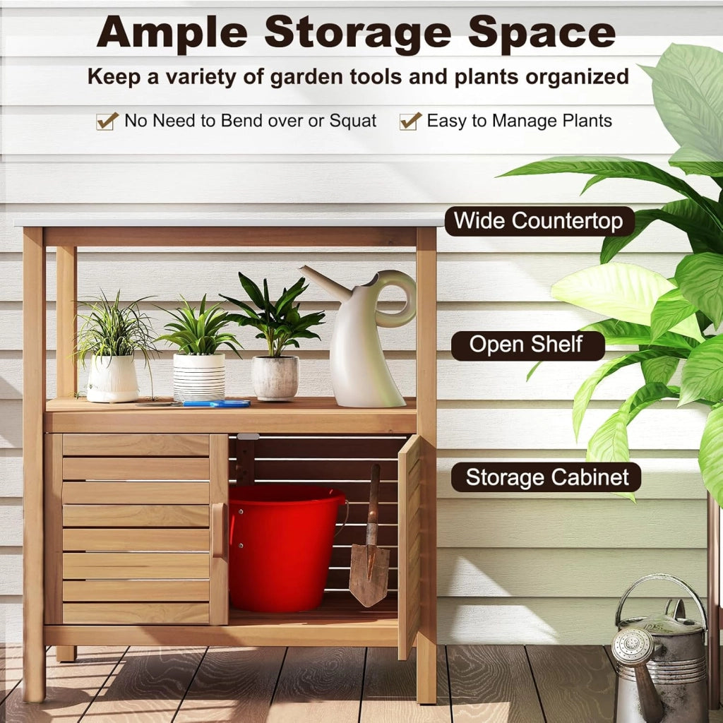Armadio da esterno in legno massello, mobile portaoggetti con piattaforma, tavolo da invaso da giardino con armadio ad anta 80 x 40 x 90,5 cm, per balcone, ingresso, portico, cortile
