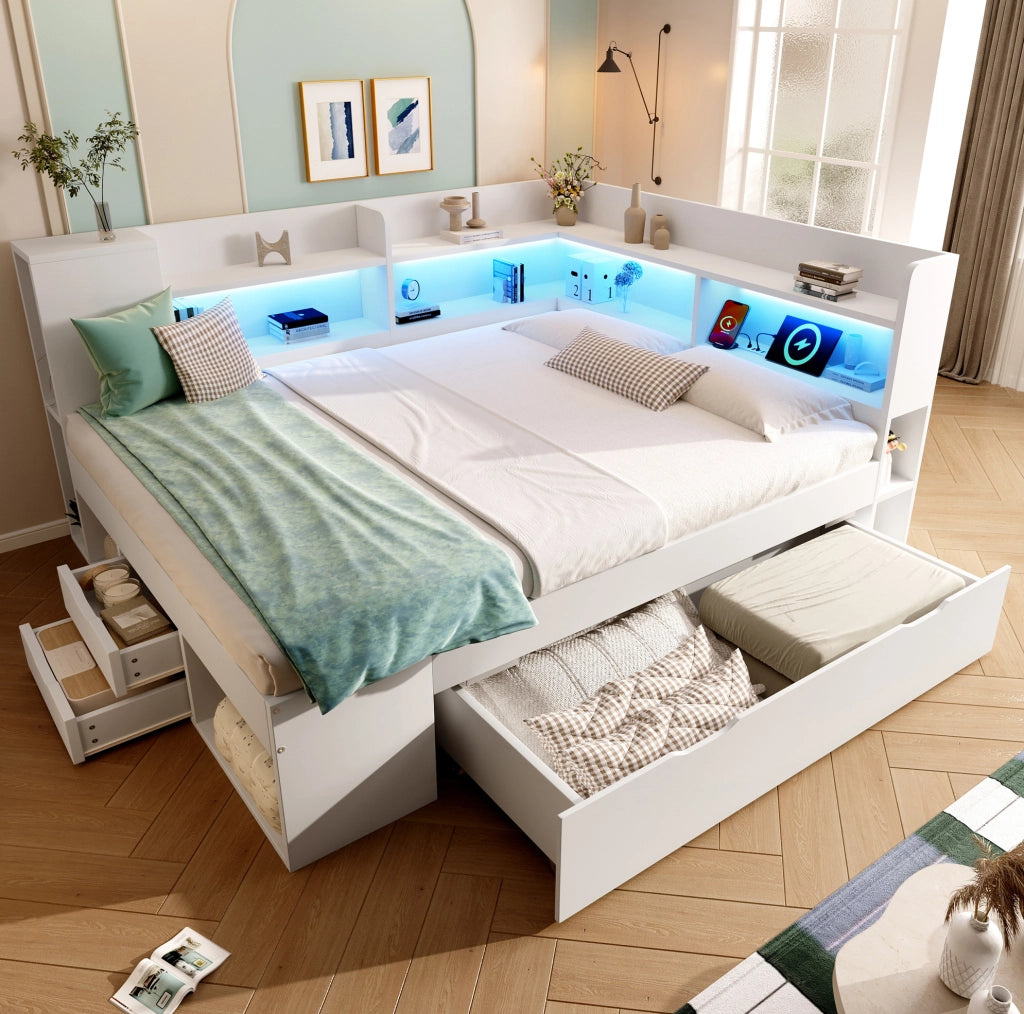 Letto da giorno 140x200 cm bianco con LED, ricarica USB/Type-C, cassetti e ripiani