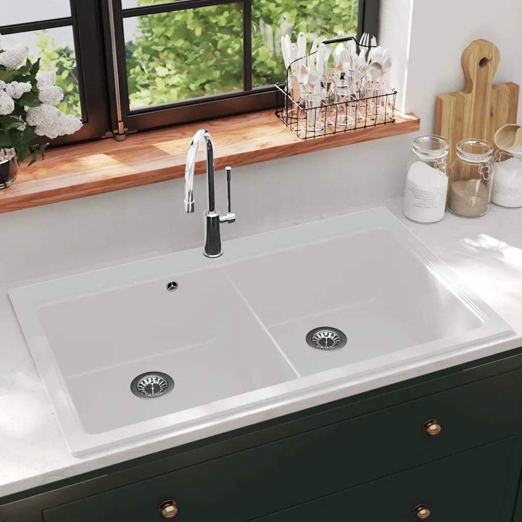 Lavandino Cucina-Lavabo-Lavello granito bianco lavello doppio montaggio sopra