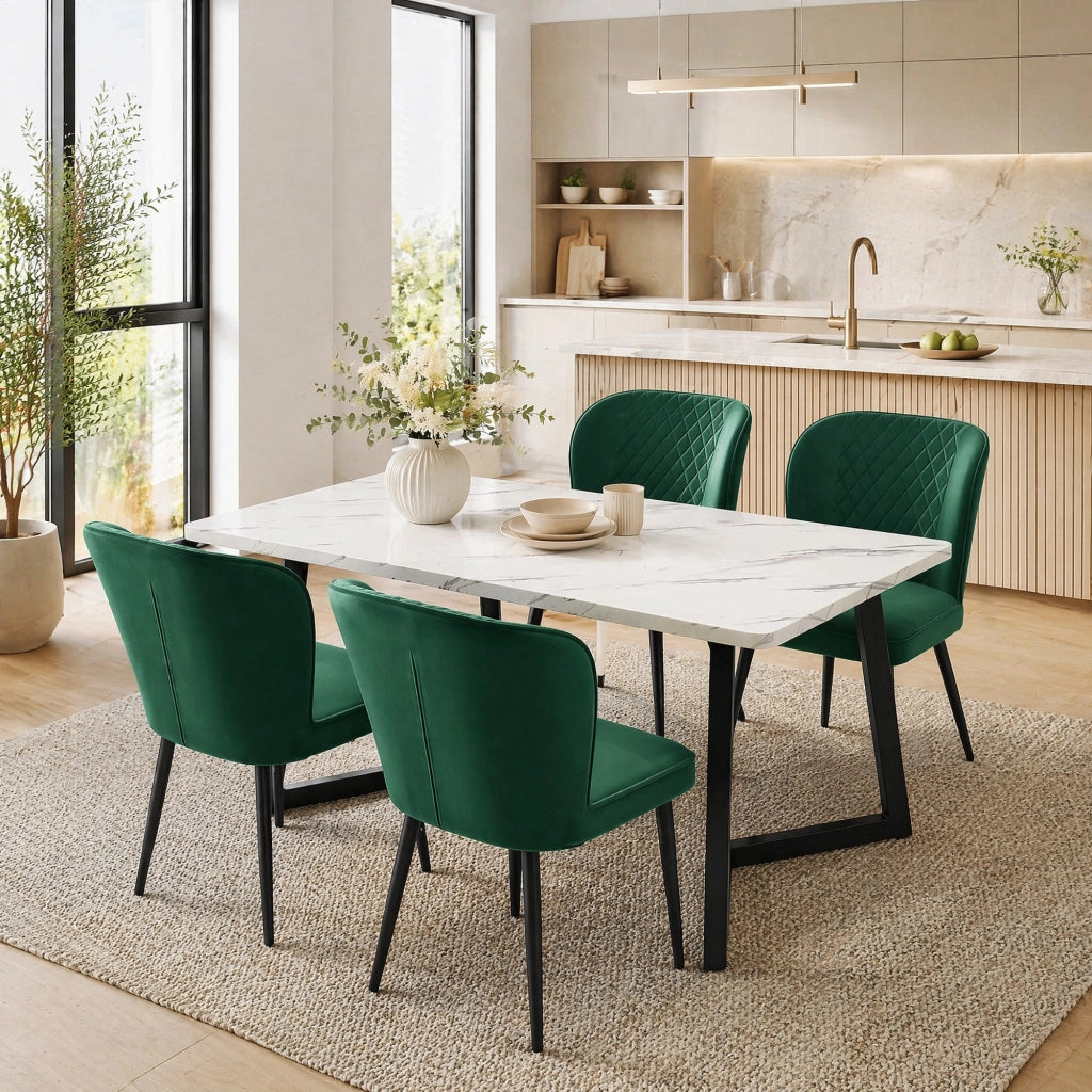 Sedia da Pranzo Imbottita con Schienale Ergonomico e Gambe in Metallo, in Velluto Verde, 47 × 43 × 86 cm