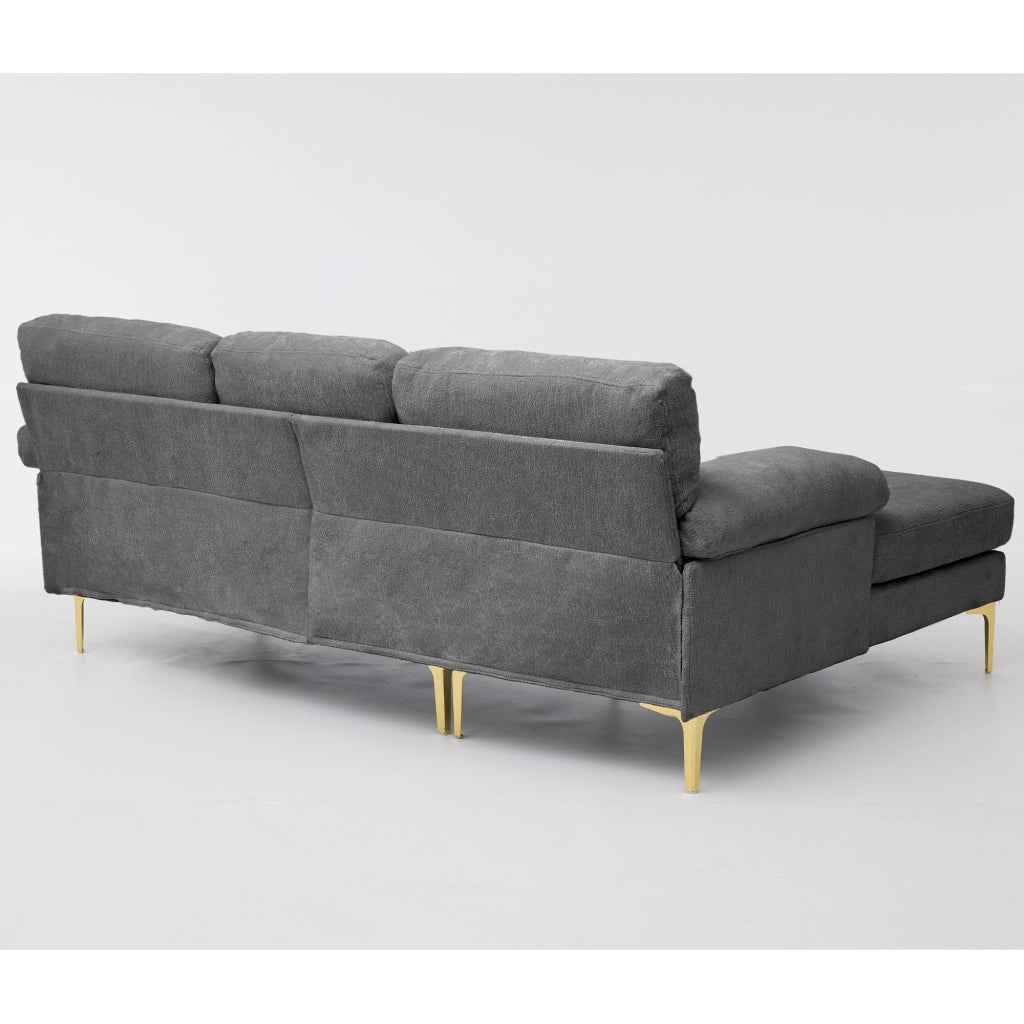 Divano angolare reversibile 3 posti con chaise longue intercambiabile e braccioli imbottiti in chenille grigio