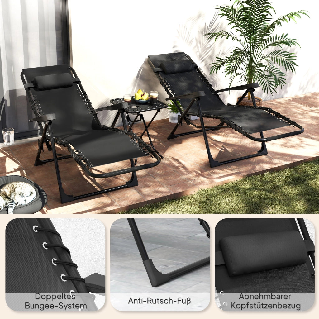 Set sdraio giardino tre pezzi sedute pieghevoli impermeabili con tavolo da tè cuscini morbidi struttura metallo resistente colore nero per giardino e spiaggia