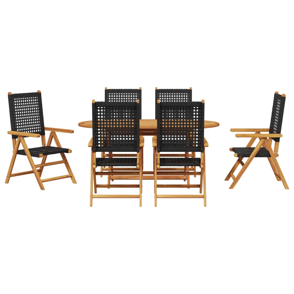 Set da Pranzo da Giardino da 7 Pezzi in Nero Legno Massello di Acacia e Polyrattan