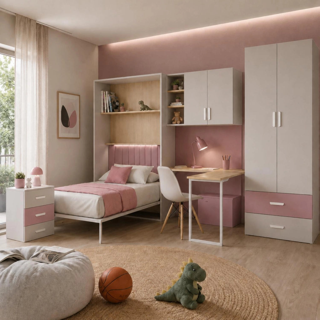 Cameretta Completa Con Letto A Scomparsa Scrivania Armadio Cassettiera Salvaspazio In Melaminico Per Camera Bambini Ragazzi Stanza Ospiti 133 X 208.5 X 45-216 Cm Cashmere E Rosa