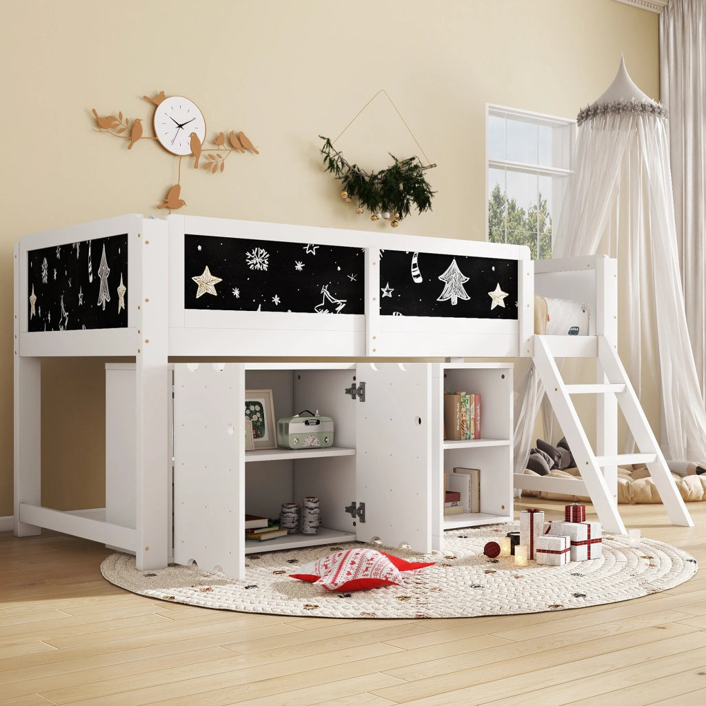 Letto a Soppalco 90 x 200 cm con Armadio a 2 Ante; Lavagna e Scala - Bianco e Nero