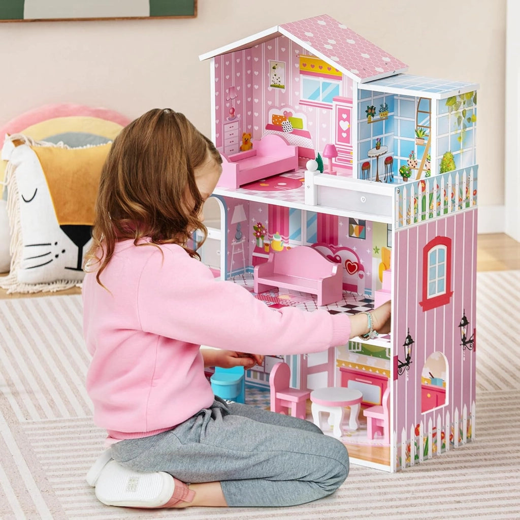 Casa delle Bambole in Legno, Casetta delle Bambini con 5 Stanze e 10 Mobili, 3 Piani, Regalo per Bambini 3+ Anni, 60 x 25 x 70 cm