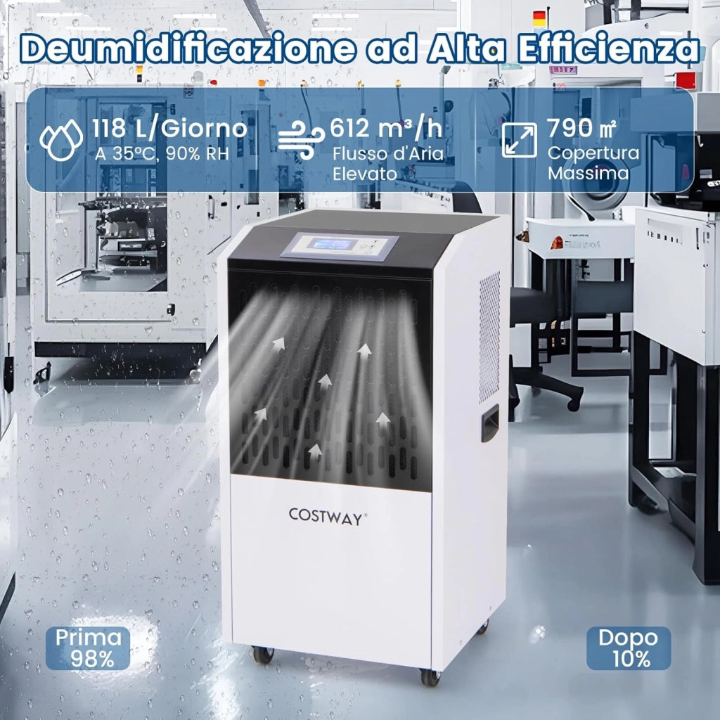 118L Deumidificatore Commerciale con Tubo di Scarico, Deumidificatore Industriale con Timer 24H e 4 Ruote, per Scantinati Magazzini e Grandi Spazi Fino a 790㎡ (Bianco)