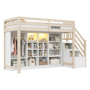 LETTO a soppalco 90x200 cm in legno naturale/bianco con scala laterale e LED
