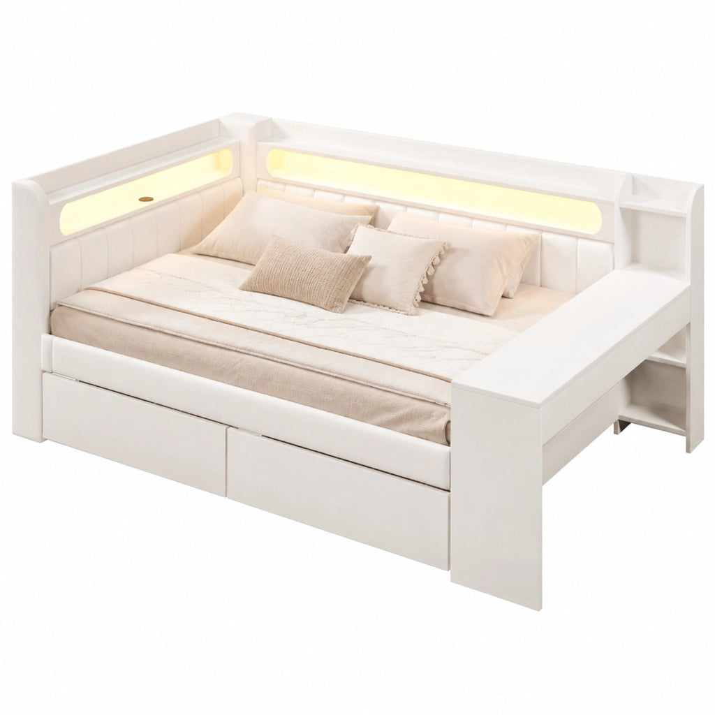 Daybed imbottito 140x200 cm con LED, porte USB, scrivania integrata e 2 cassetti, bianco