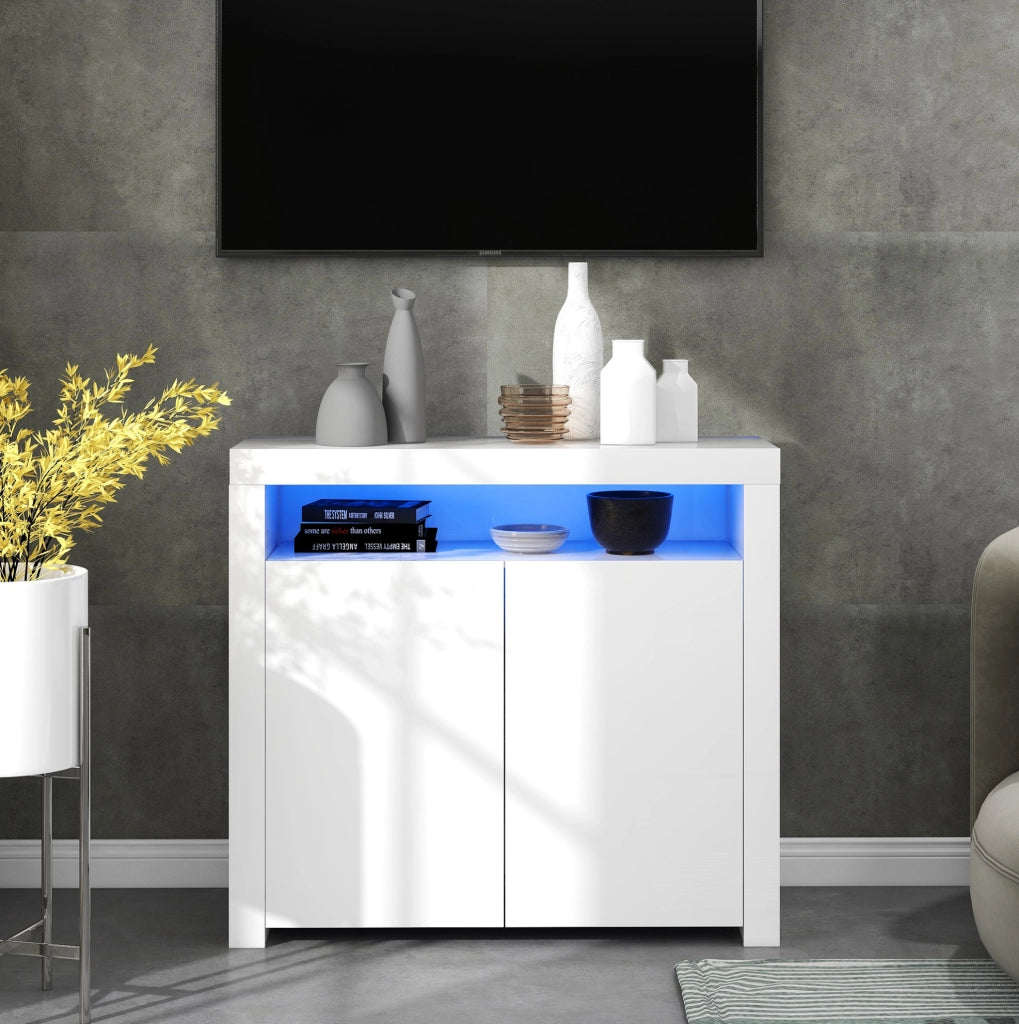 Credenza bianca con LED, 2 ante e vano aperto 108 x 40 x 92 cm