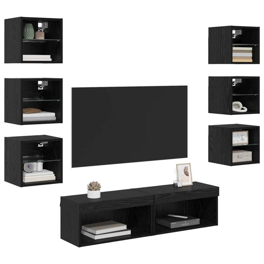 Mobile TV con luci a strisce a LED 8 pz-Credenza TV-Console TV Rovere Nero Vetro