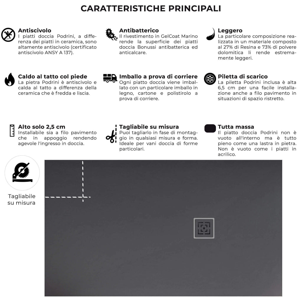 Piatto Doccia in Pietra 75x80 cm Bonussi Canton Antracite
