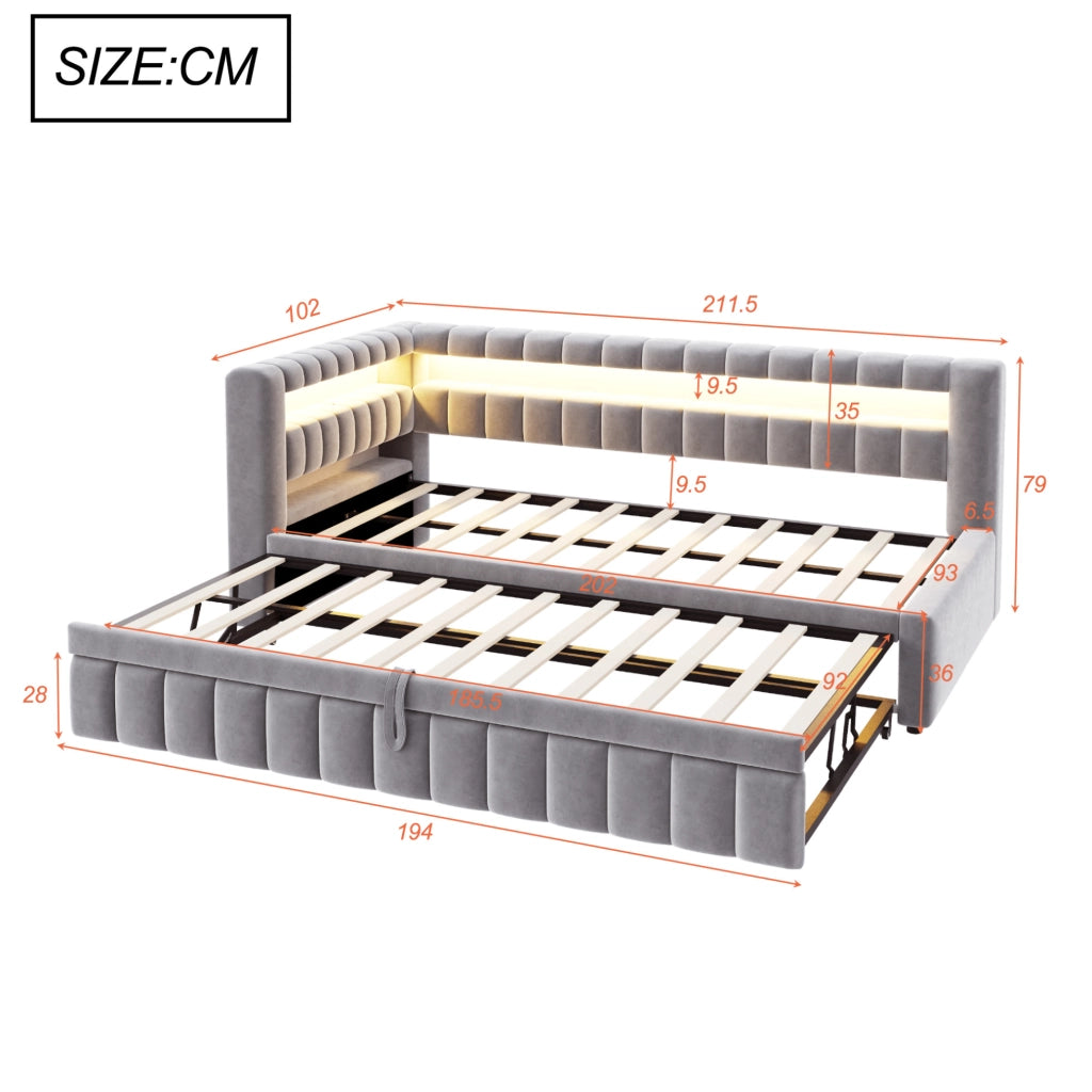 Divano letto estraibile 90x200 cm con LED, USB e vano portaoggetti