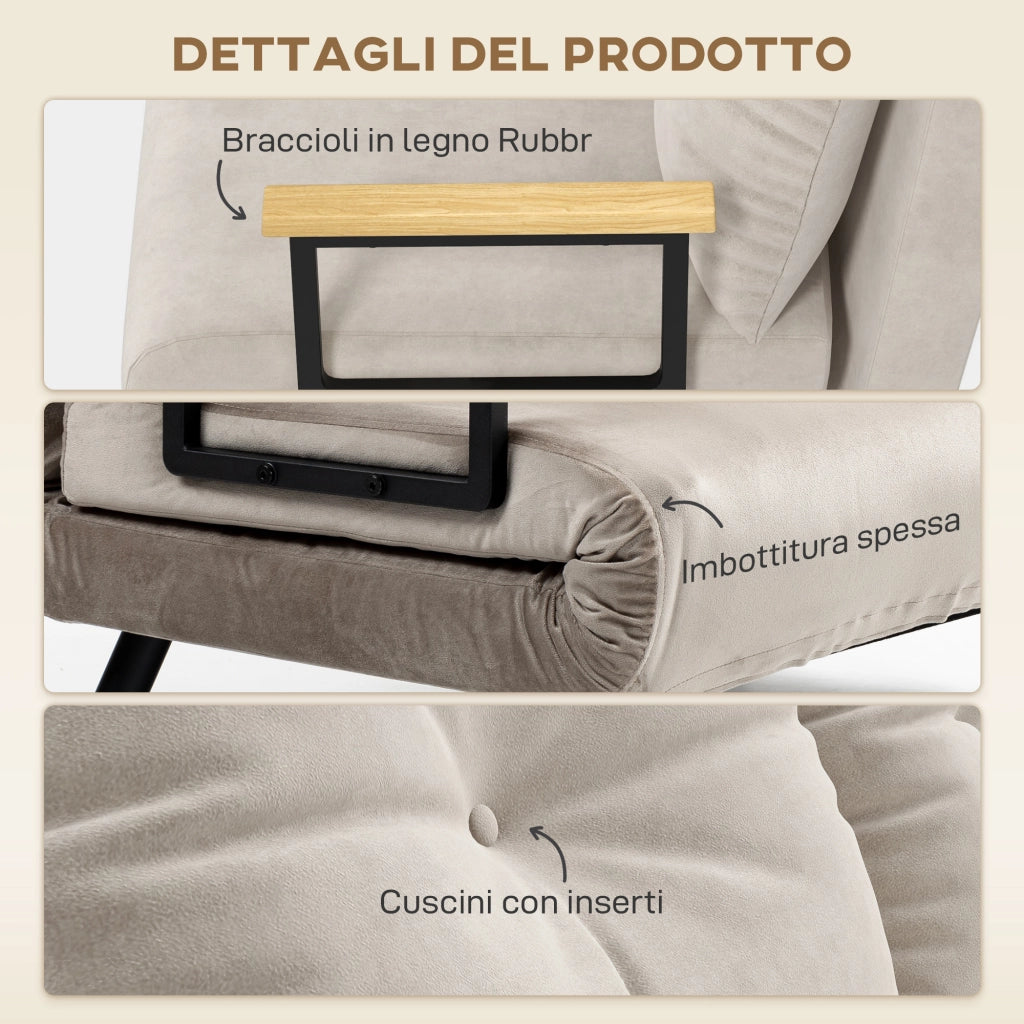 Divano Letto 3 in 1 in Tessuto Effetto Velluto con Schienale Regolabile e 2 Cuscini. 102x73x81 cm. Beige