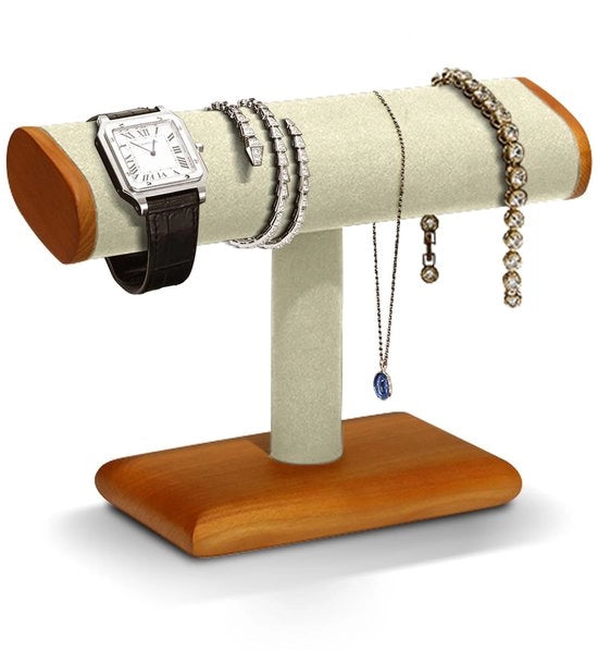 Display per gioielli in legno massello con supporto T-bar e organizzatore per orologio