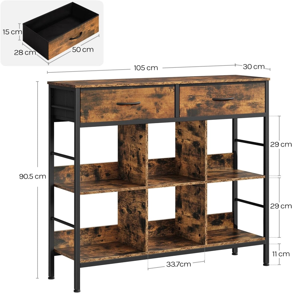 Libreria rustica marrone con 6 ripiani, 2 cassetti, struttura in metallo, autoportante, studio, soggiorno, camera da letto