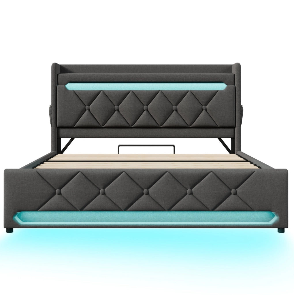 Letto imbottito 180x200 cm con LED, contenitore e USB, rivestito in lino grigio