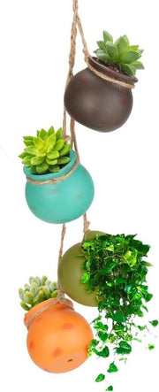 Set di 4 vasi ceramici multicolor con corda di juta per piante pendenti