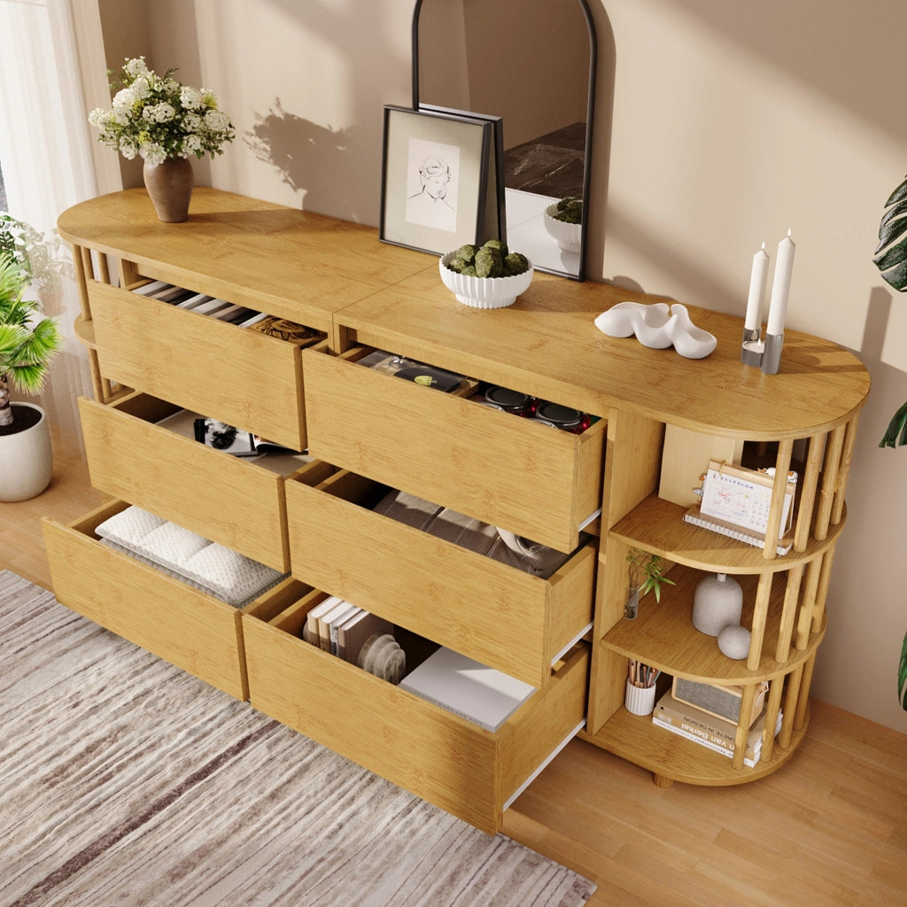 CREDENZA 160x40x75 cm in MDF e bambù effetto quercia, 6 cassetti e ripiani aperti