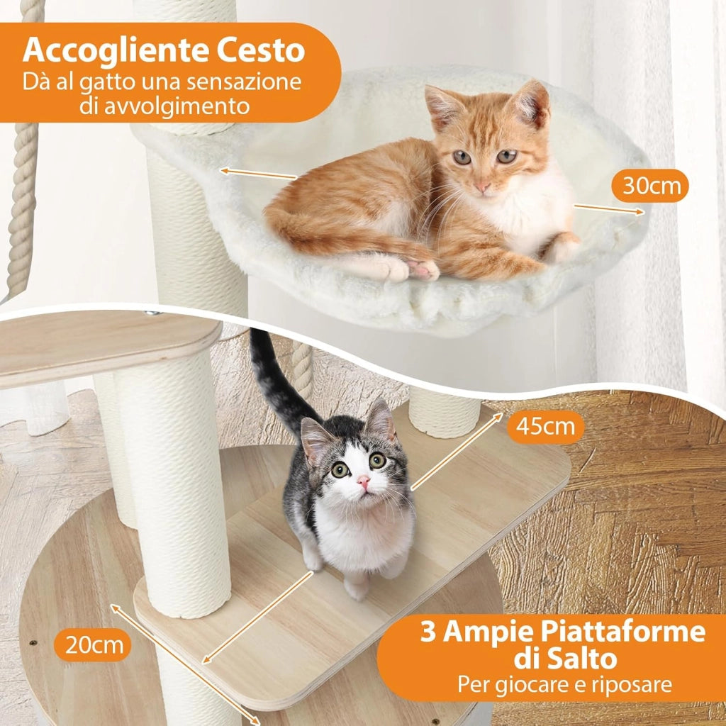 Albero per Gatti Alto 141 cm, Tiragraffi per Gatti in Plywood con Condo, Posatoio Curvo, Amaca, Tiragraffi, Pallina e Corda Appesi e Cuscini in Pile Lavabili, 55 x 55 x 141 cm