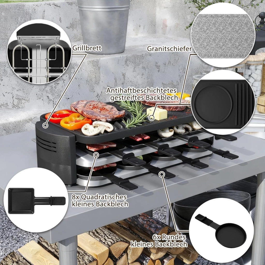 Raclette - Griglia per raclette per 8 persone, 1600 W, con 14 padelle, piastra in granito e piastra antiaderente, griglia elettrica da tavolo, per feste, griglia elettrica, regolazione della
