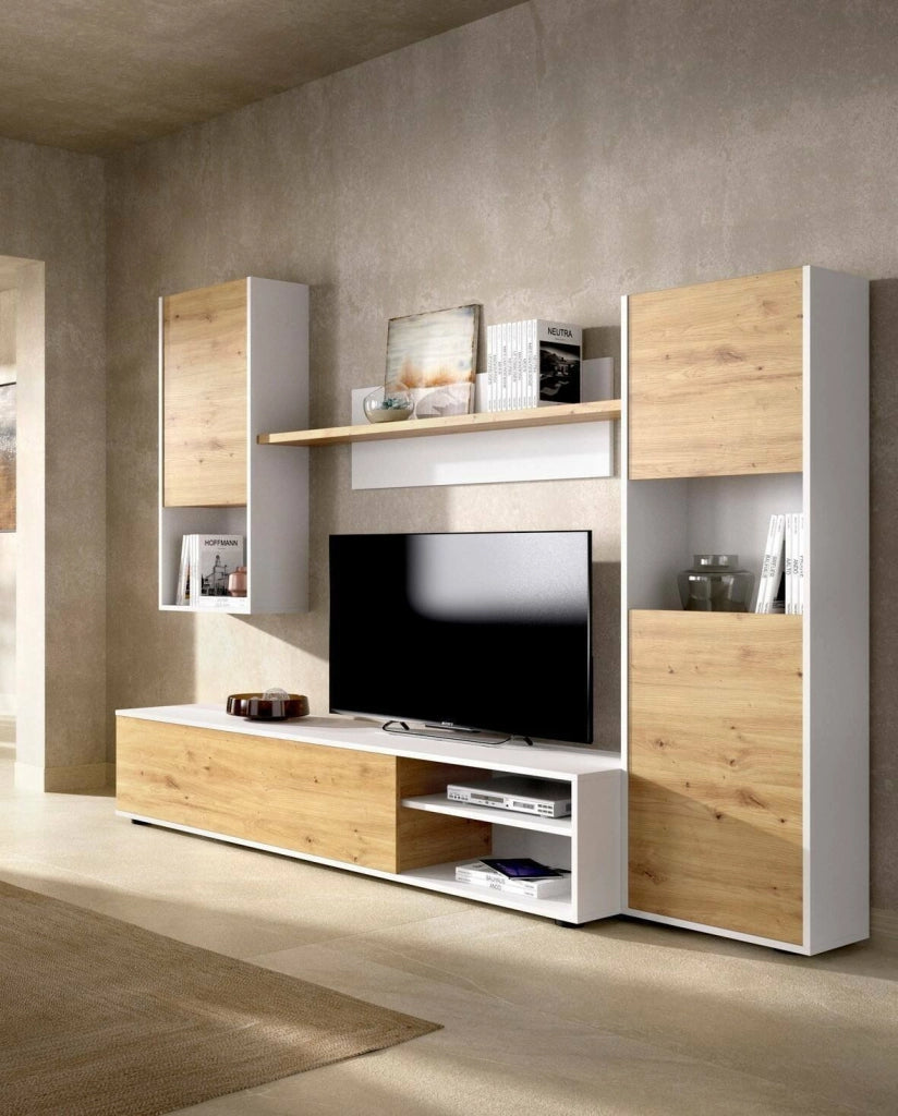 Parete attrezzata Artex, Set da soggiorno porta TV, Mobile salotto multiuso, 220x41h180 cm, Rovere Nodi e Bianco