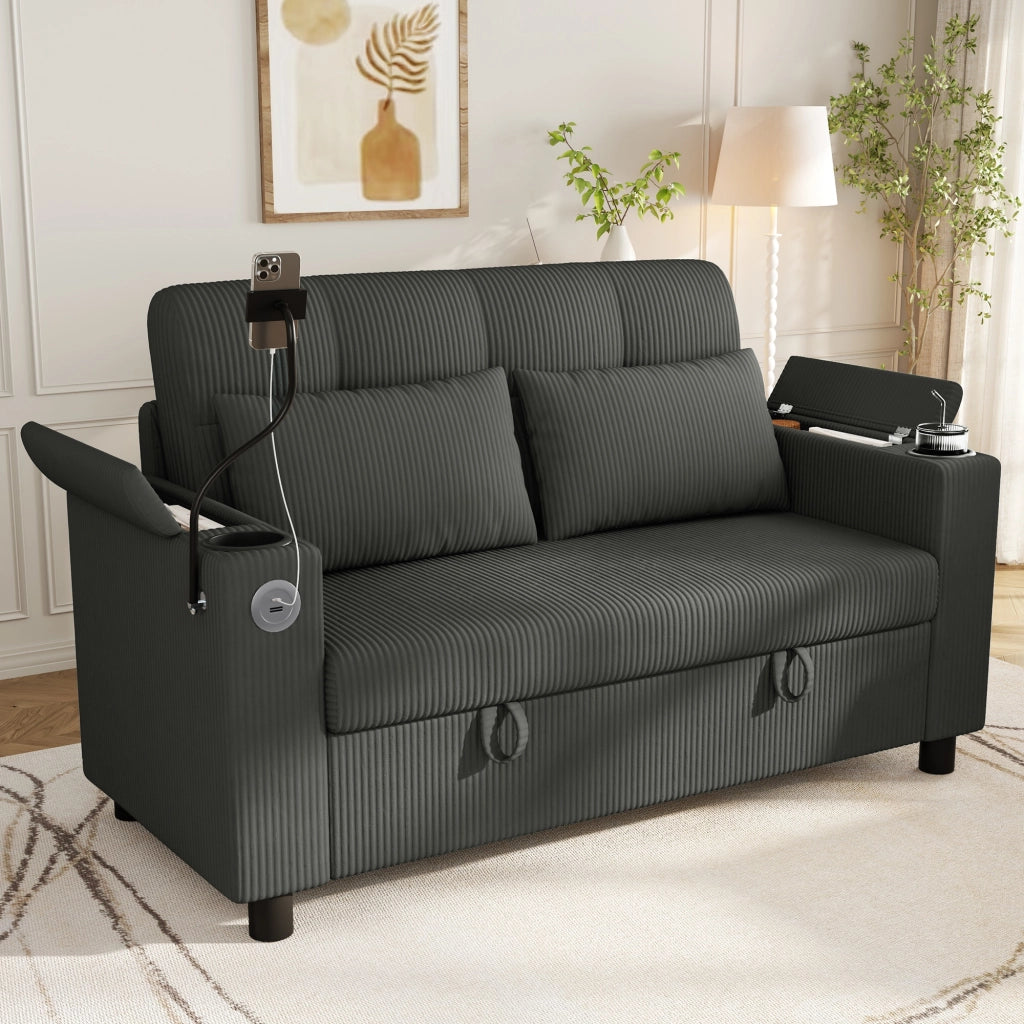 Divano 2 posti moderno con contenitore; USB/Type-C e portabicchieri; 136;5 cm; grigio