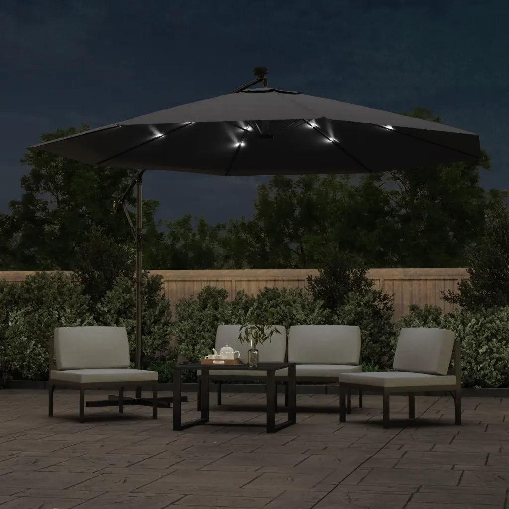 Ombrellone a Sbalzo con Palo e Luci a LED-Ombrello da giardino Nero 350 cm
