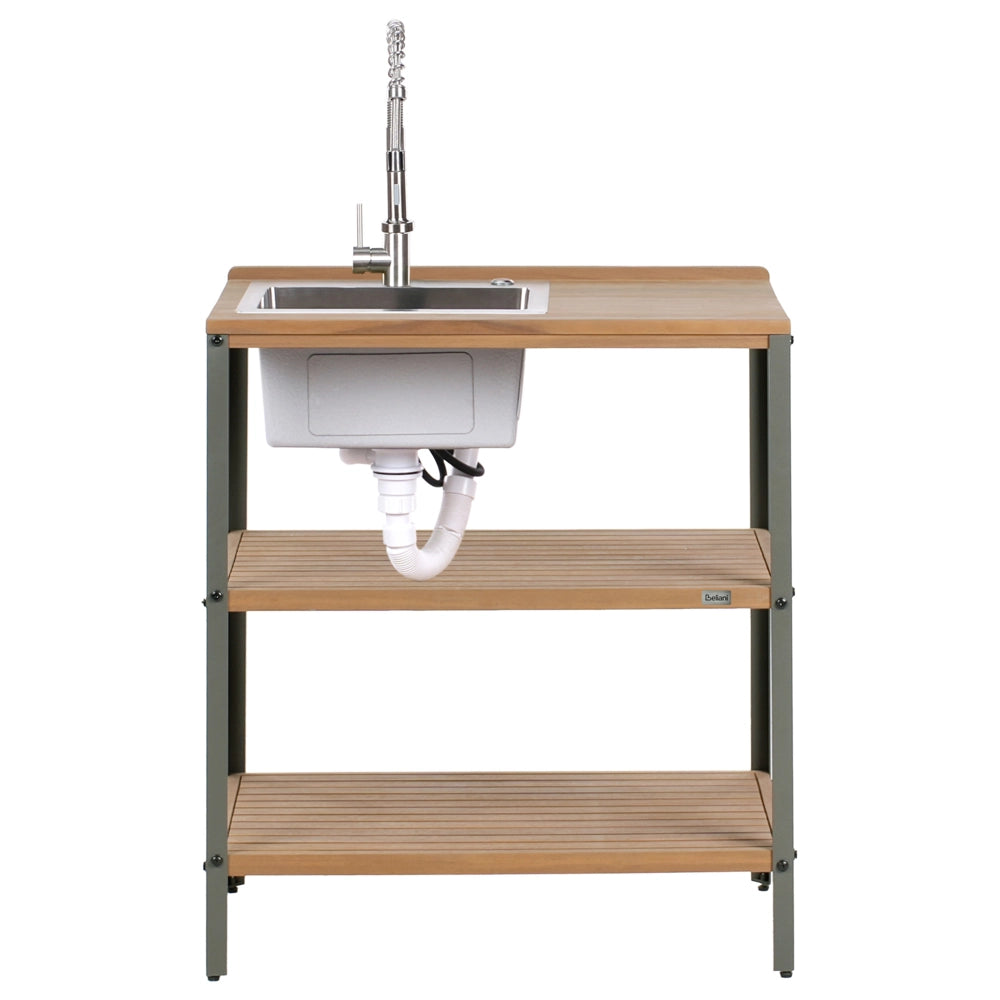 Isola da esterno marrone con lavello in legno d'acacia 2 ripiani con top 50 x 80 x 92 cm Cucina da giardino