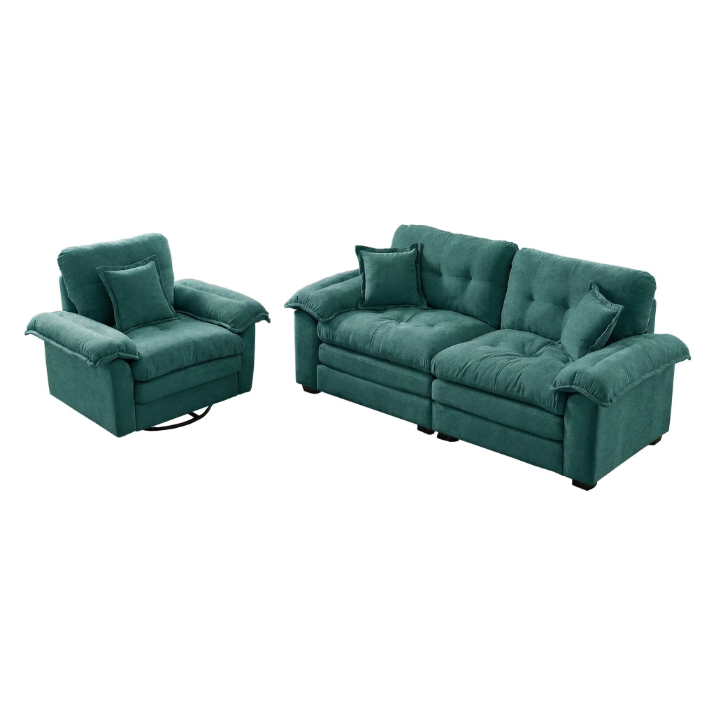 Divano set 2 pezzi in ciniglia con seduta profonda e cuscini decorativi per soggiorno e ufficio verde