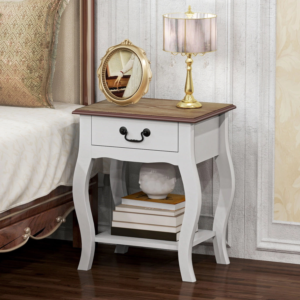 Comodino con Cassetto e Ripiano Aperto in Stile Francese in Legno, 45x35x55 cm, Bianco e Rovere