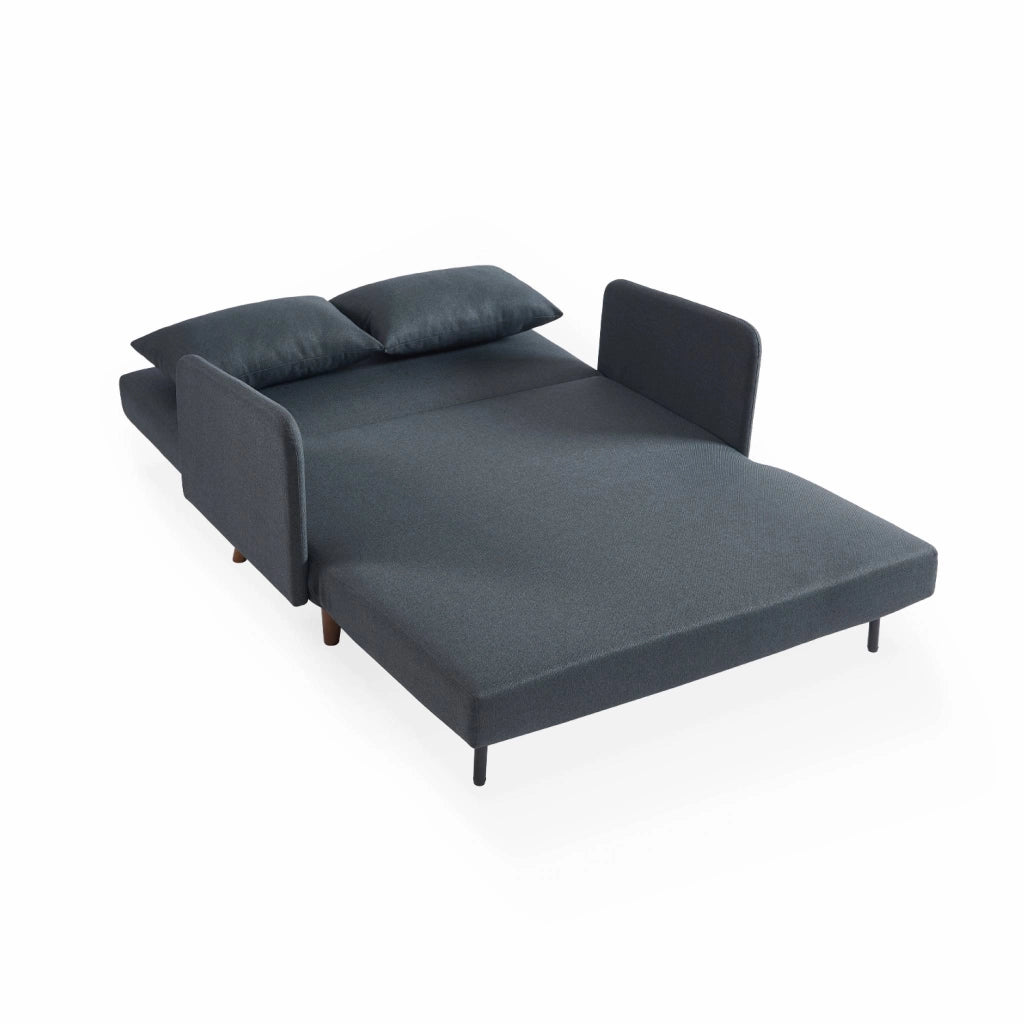 Divano letto clic-clac in tessuto con gambe in legno, 2 posti, grigio